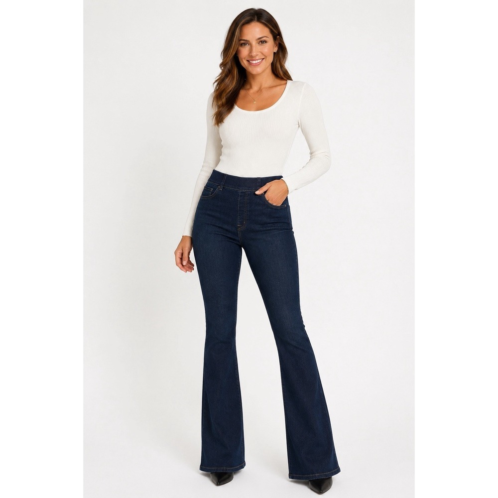 NWT SPANX Women's Pull On Flared Jeans Dark Wash  Solid Denim Tall Large